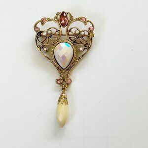 1928 Gold-Tone Brooch w Pink Crystals Opalescent Center & Teardrop Pendant